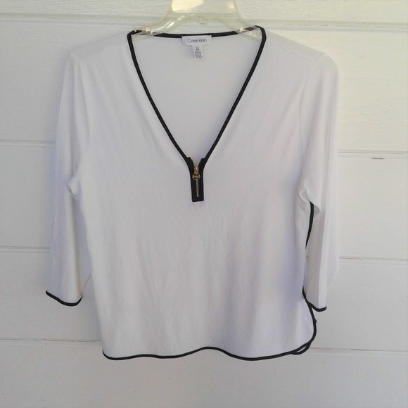 Calvin Klein Tops - Calvin Klein White Black Trim Top ¾ Sleeve Large